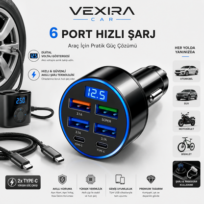6 Portlu Hızlı Şarj İstasyonu – Araç İçi USB Şarj Cihazı